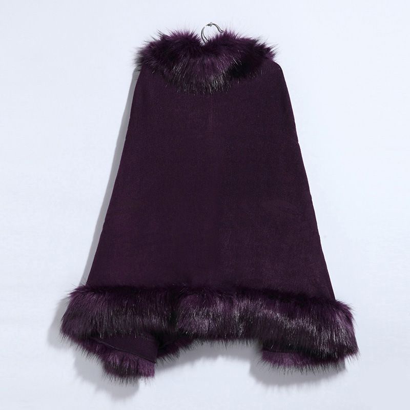 Luxury Knitted Cape Shawl With Faux Fox Fur Collar - Elegant Women's Outerwear For Winter & Spring_voghion.com