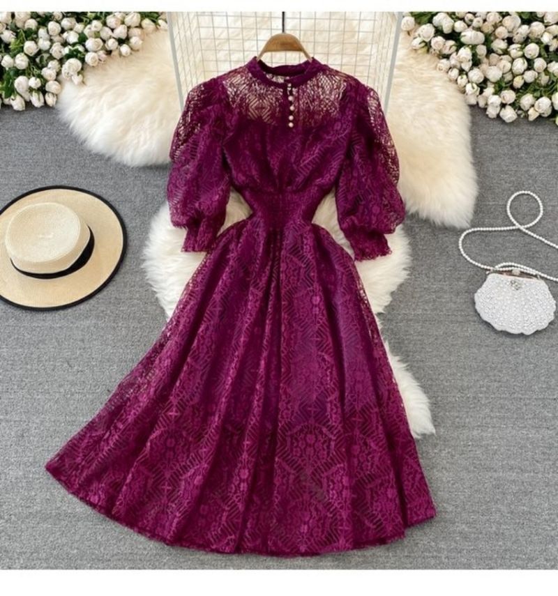 Damen Taille Schlank Puffärmel Spitzenkleid Bohemian Strand Urlaub Langer Rock für Damen_voghion.com