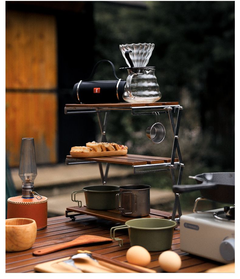 Outdoor Three-Layer Rack Solid Wood Foldable Portable Camping Folding Multi-Layer Multi-Function Storage Table_voghion.com