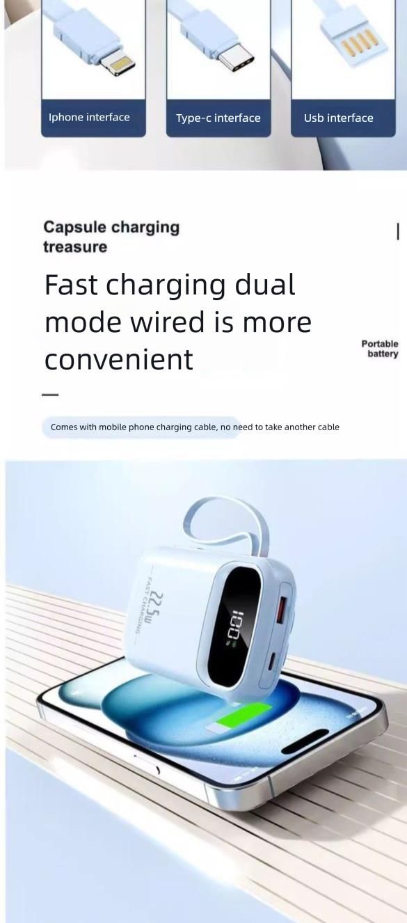 Suitable For Iphone Mobile Power Bank With Built-in Cable, Compact And Convenient, 20000mAh Large Capacity Fast Charging_voghion.com