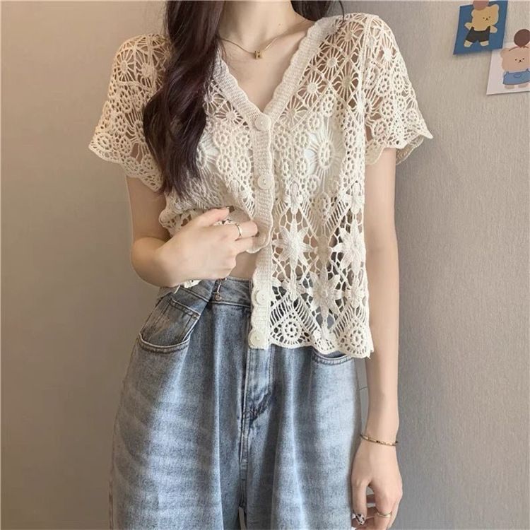 Knitted Embroidered Cardigan Short Sleeve Hollow Out Crochet Outerwear Sun Protection Women's Top Bohemian Ethnic Style_voghion.com