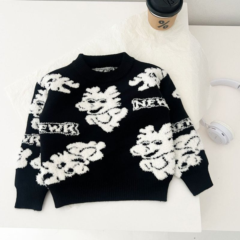 Boys' Soft Knit Sweater With Cartoon Print - Comfortable Round Neck Long Sleeve Pullover For Toddlers & Kids (3-8 Years, 90-130cm)_voghion.com