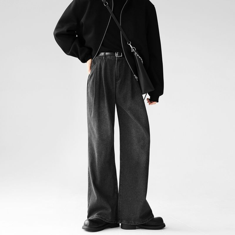 Korean INS Loose Jeans Men's And Women's Pleated Wide Washed Water Hanging Straight Leg Mop Pants, Trendy_voghion.com