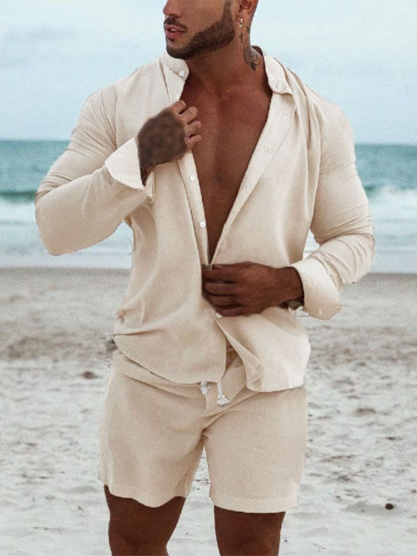 Men's Clothing Men's Casual Cotton And Linen Suits Men's Home Clothes Loose Long Sleeved Shorts Two Piece Suit_voghion.com