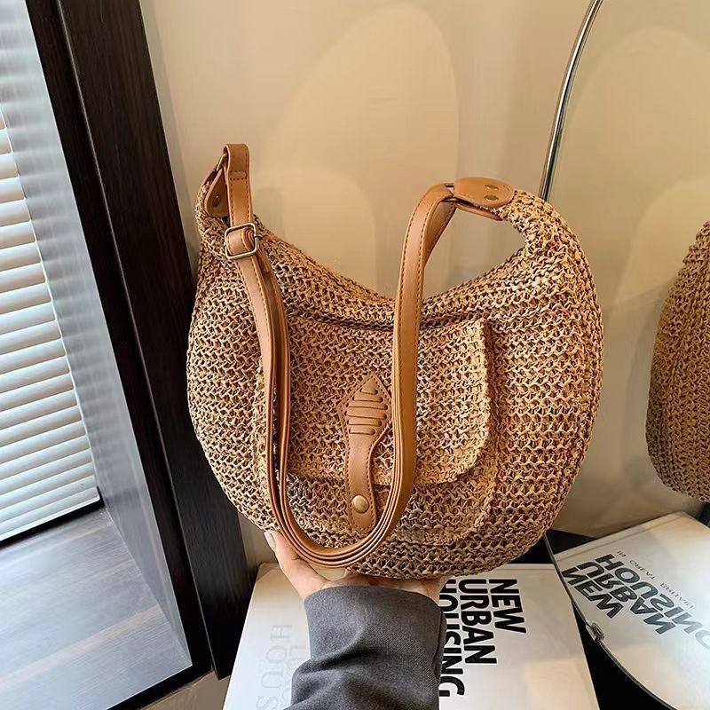 Sac à main en paille pour femme, sacoche polyvalente et décontractée, grande taille, tissée, à bandoulière, pour la plage, printemps 2025_voghion.com