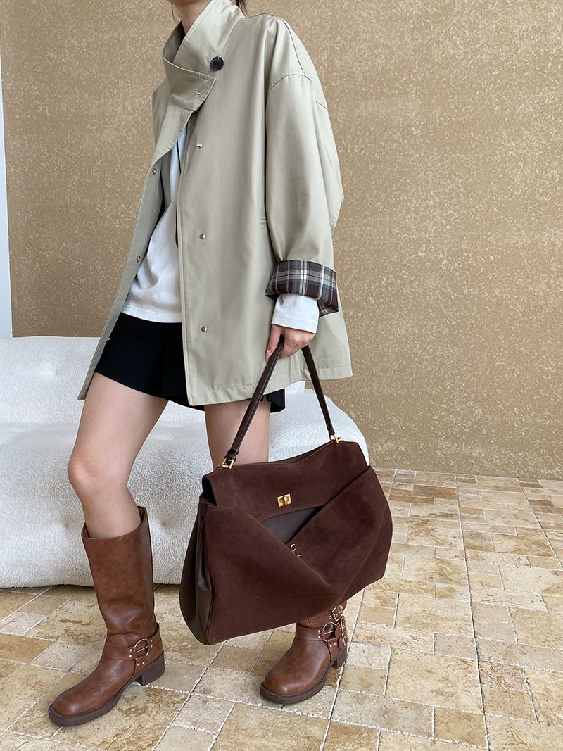 Retro British Style Petite Trench Coat - Checkered Collar Contrast Color Blending Mid-Length Coat For Women, Casual Office Wear_voghion.com
