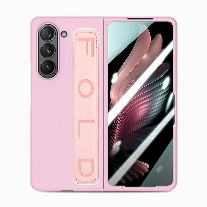 Custodia per telefono con cinturino da polso in pelle PU per Samsung Galaxy Z Fold 5 5G con copertura in plastica di protezione in vetro dello schermo frontale_voghion.com
