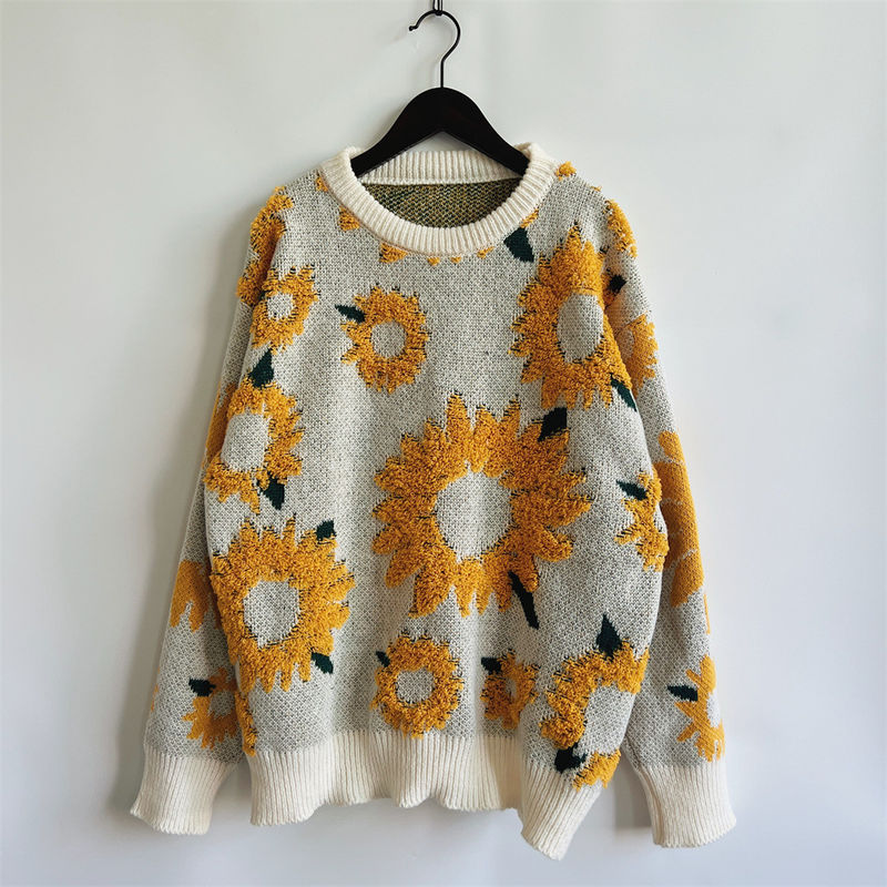 Neue Herbst- und Winteroberteile, Sonnenblumen-Jacquard-Rundhalsausschnitt, langärmeliger Strickpullover_voghion.com