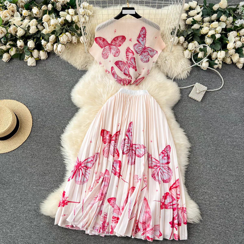 Completo da donna per donna, camicia a maniche corte stampata plissettata di alta qualità + gonna plissettata a vita alta e sottile_voghion.com