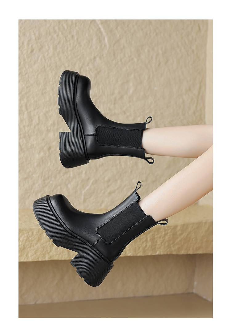 cameido British-style thick-soled boots for women, women's cuffed sleeve boots with elastic openings, chimney boots for 2024_voghion.com