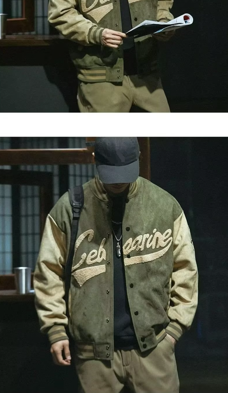 Vêtements pour hommes Veste de baseball en daim pour hommes vintage printemps et automne nouvelle veste de bombardier verte veste hommes_voghion.com