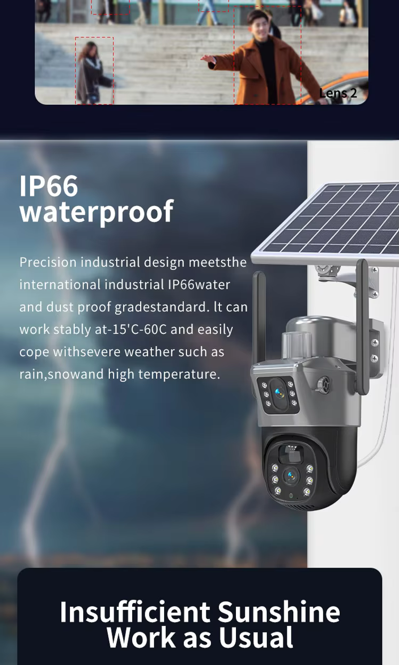 Telecamera di sicurezza a energia solare con doppio obiettivo, visione remota wireless e basso consumo energetico_voghion.com