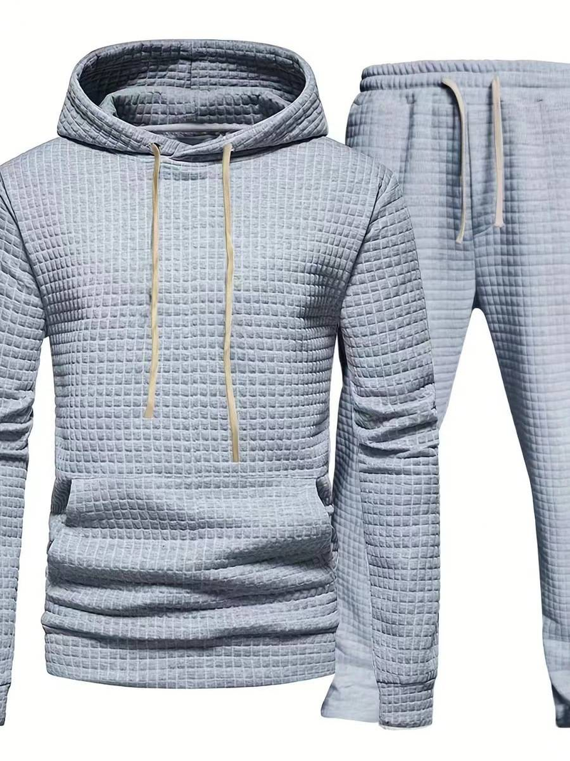 Tuta da uomo con cappuccio in jacquard a nido d'ape - Completo casual leggero in due pezzi per autunno e inverno (bianco, grigio chiaro, grigio scuro, nero, beige)_voghion.com
