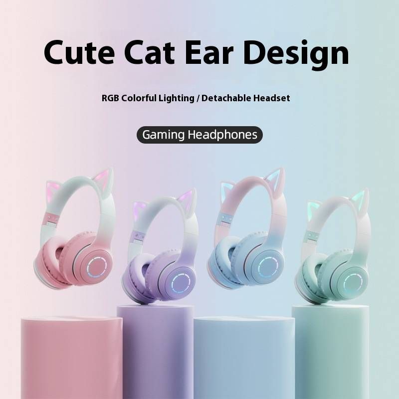 Casque de jeu sans fil à LED avec microphone, casque Bluetooth à dégradé de couleurs, oreilles lumineuses, haut-parleurs de 40 mm_voghion.com