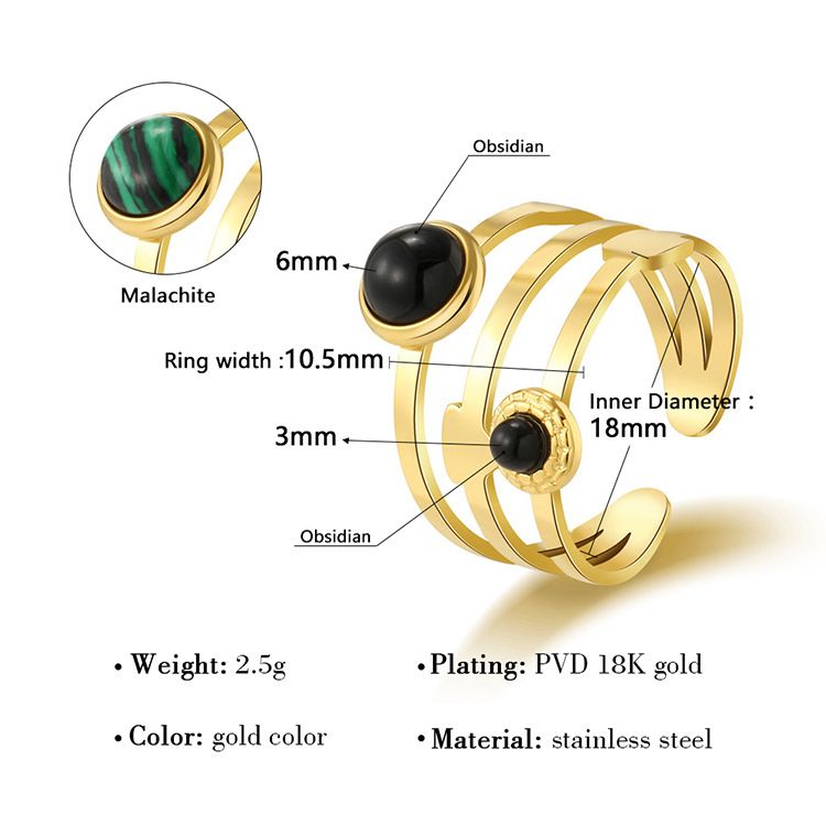Anello aperto in acciaio al titanio con malachite francese da donna, non sbiadisce, anello di alta gamma retrò._voghion.com