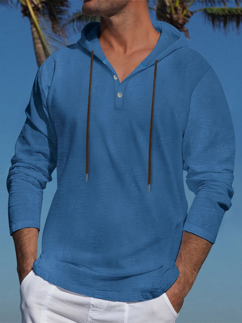 Męska koszulka z kapturem z mieszanki lnu – lekka bluza z długim rękawem i dekoltem w serek, niezbędnik w swobodnym stylu ulicznym (biało-czarno-niebiesko-szary)_voghion.com