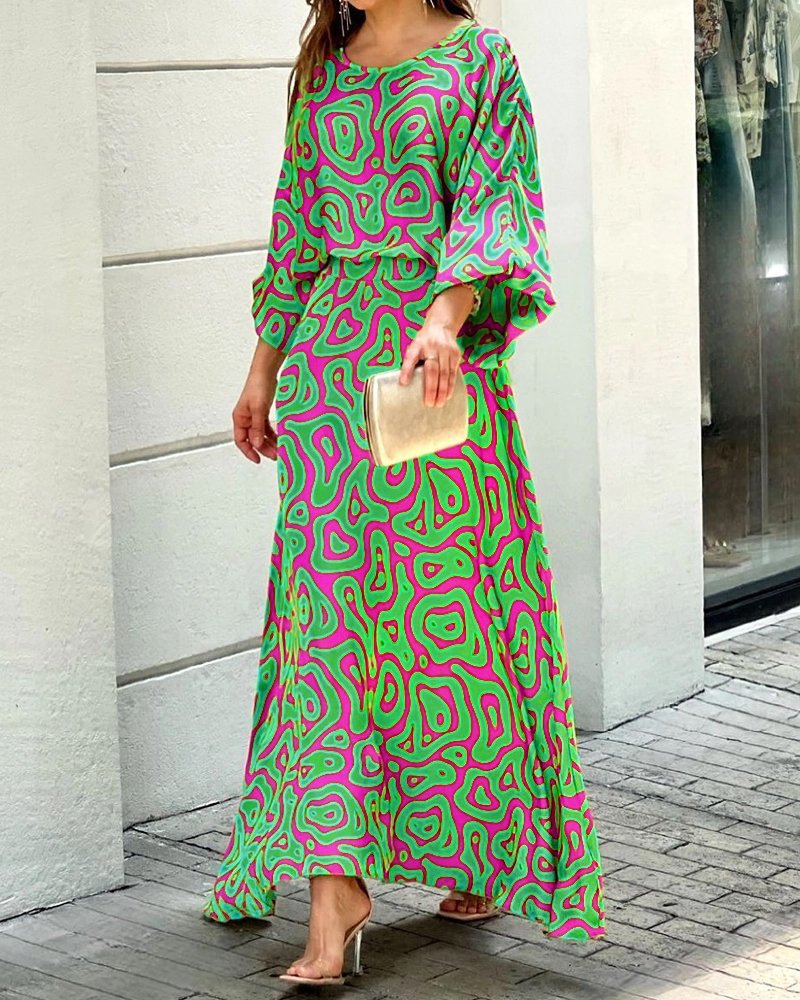 Feminino solto estampado manga longa top cintura alta tamanho grande saia longa terno_voghion.com