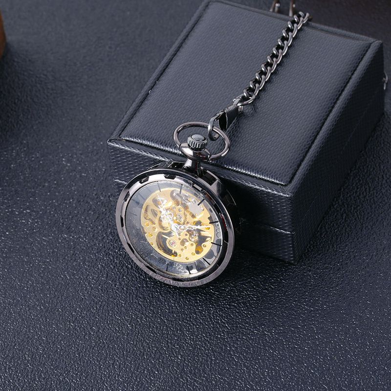 Schwarze mechanische Taschenuhr mit großem Rad und dicker Kette, nostalgisch, 8932_voghion.com
