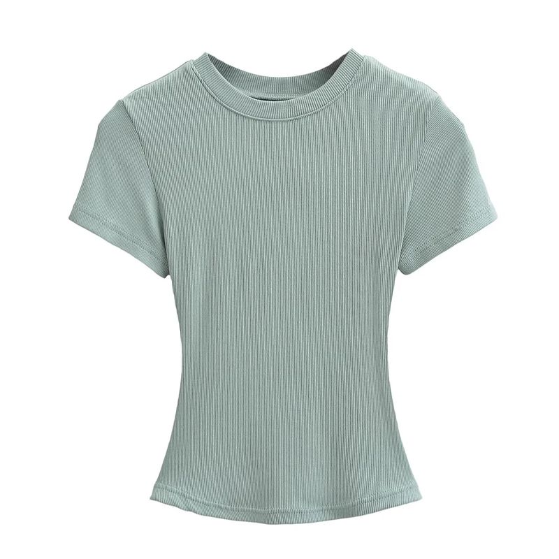 Maglietta estiva da donna sexy con scollo rotondo e maniche corte, tinta unita, con cuciture a vista_voghion.com