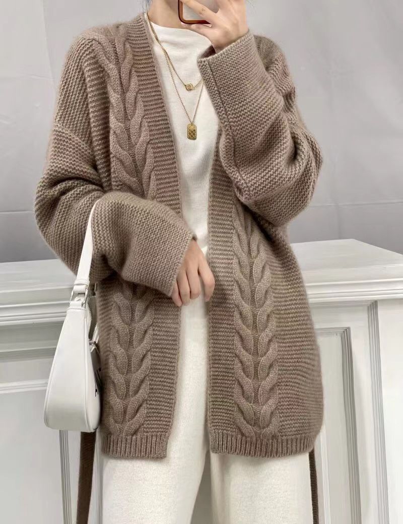 Cardigan da donna in maglia di lana autunno inverno, di media lunghezza, spesso, lavorato a maglia con trecce e dettagli allacciati a spiga di grano_voghion.com