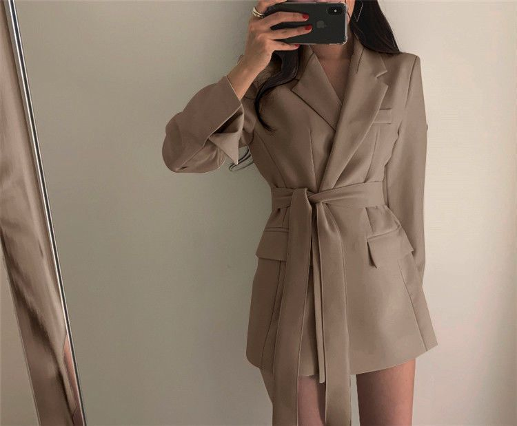 Naisten retro Hong Kong -tyylinen korealaistyylinen vyötäröllä kiristävä nauhallinen temperamenttipuku takki naisten trendi_voghion.com
