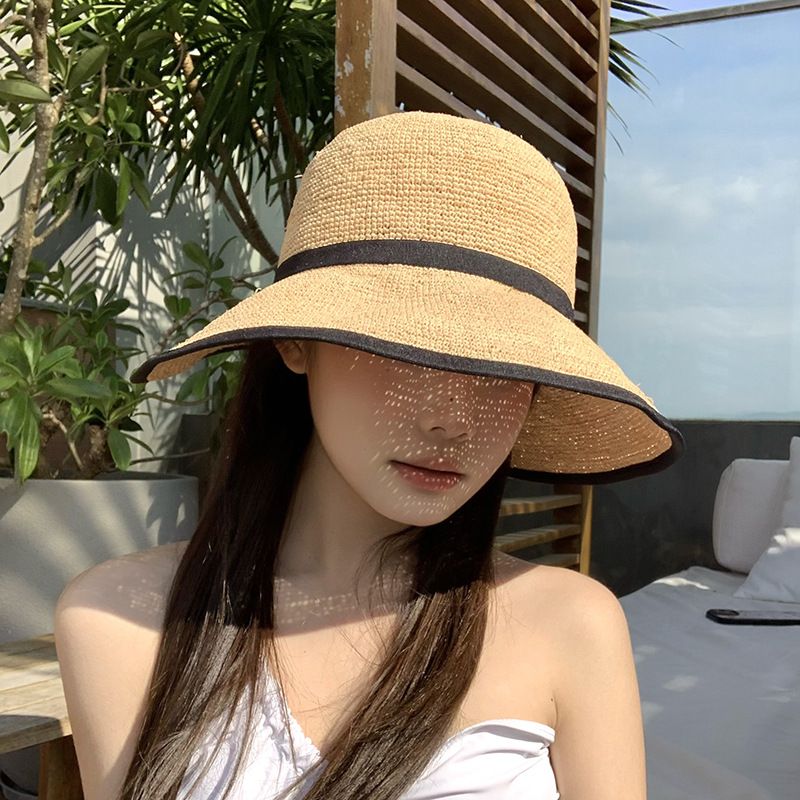 Sombrero de pescador de ala ancha para mujer, con protección solar, tejido de hoja de palma, para vacaciones de verano en la playa y al aire libre_voghion.com