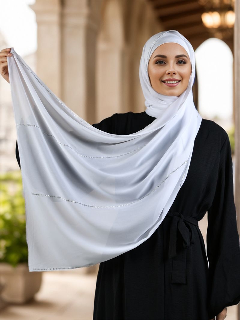 Muslimanska marama za glavu Jednobojni jednobojni biserni šifon široki prugasti lanac željezni dijamantni dugi šal popularna ženska marama_voghion.com