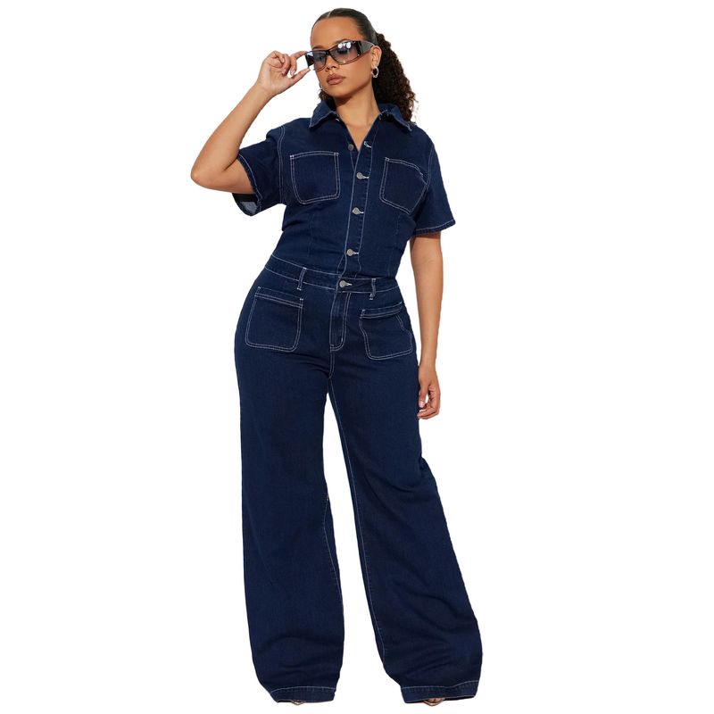 Mono vaquero holgado, elástico, acampanado, lavado, de manga corta, con pantalones de pierna ancha_voghion.com
