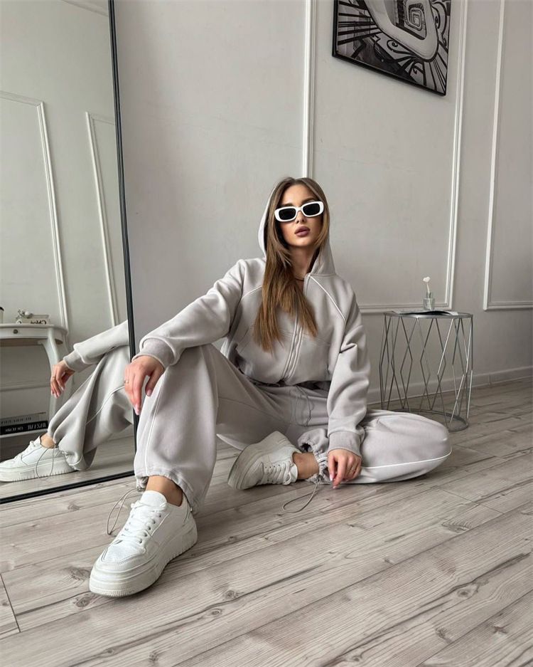 Lässiges Sportbekleidungsset für Damen – Langarmjacke mit Reißverschluss vorne und Jogginghose mit elastischem Bund (S–XL, einfarbig, Streetwear-Chic)_voghion.com