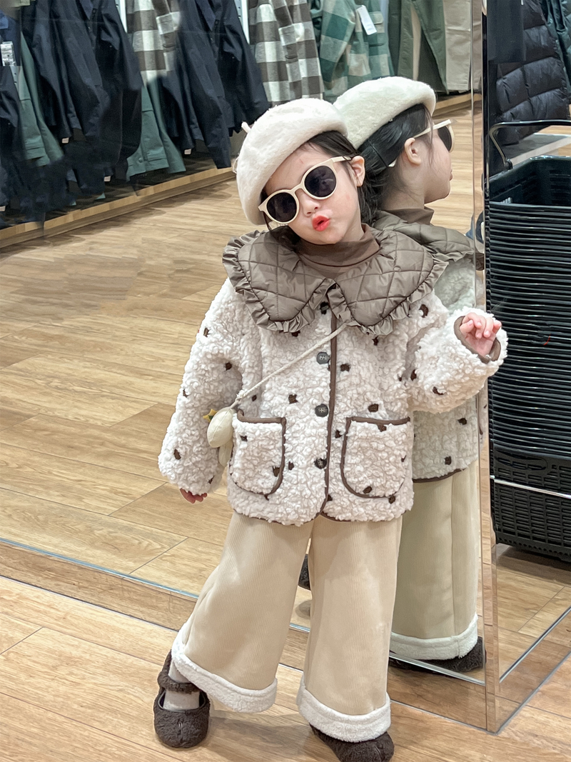 Cappotto spesso per ragazze in pelle scamosciata invernale composita in morbida pelle cerosa in lana di agnello con colletto per bambola a pois completamente ricamato_voghion.com