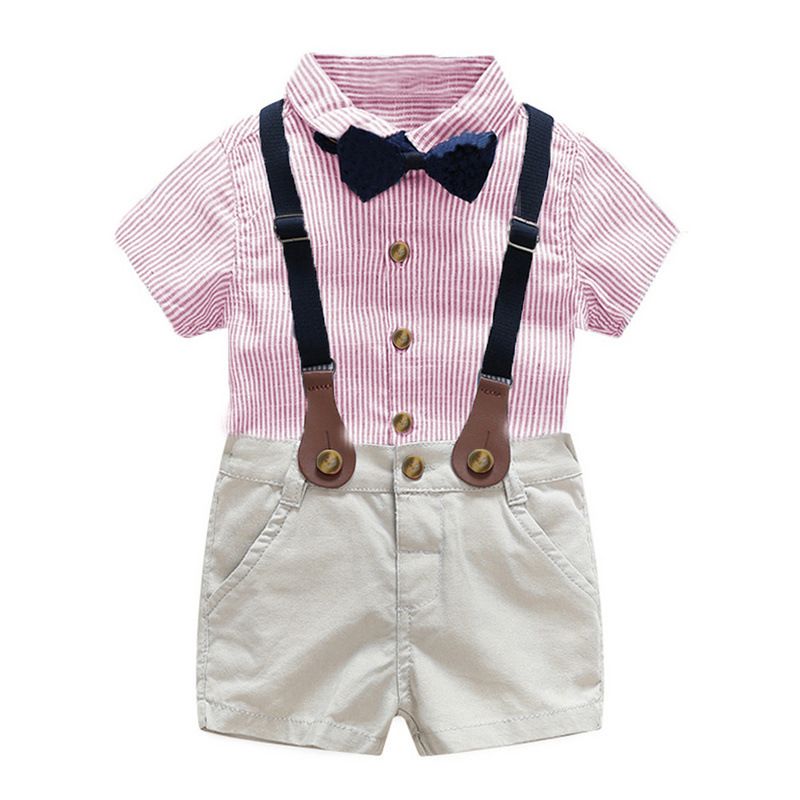 Kinderkleidung Kinderkleidung Anzug Jungen Kurzarm gestreiftes Hemd Baumwolloverall Performance-Kleidung Gentleman ein Jahr altes Kleid_voghion.com