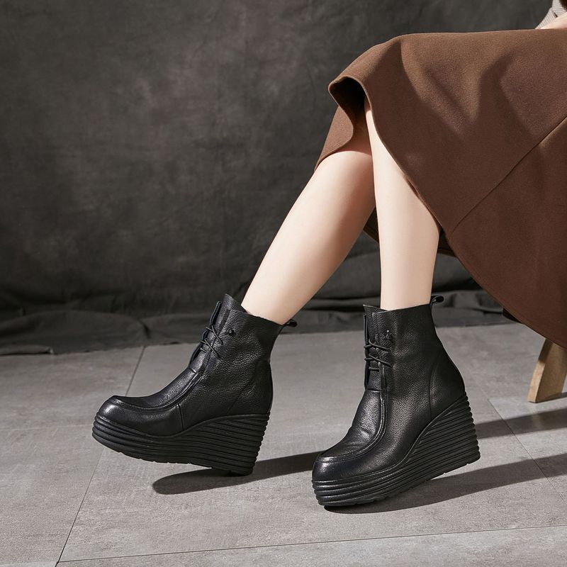 Trendy Brand Dark Soft Cowhide Women's Slip-On Short Thick-Soled Martin Genuine Leather Fashion Fleece-Lined Work Boots_voghion.com