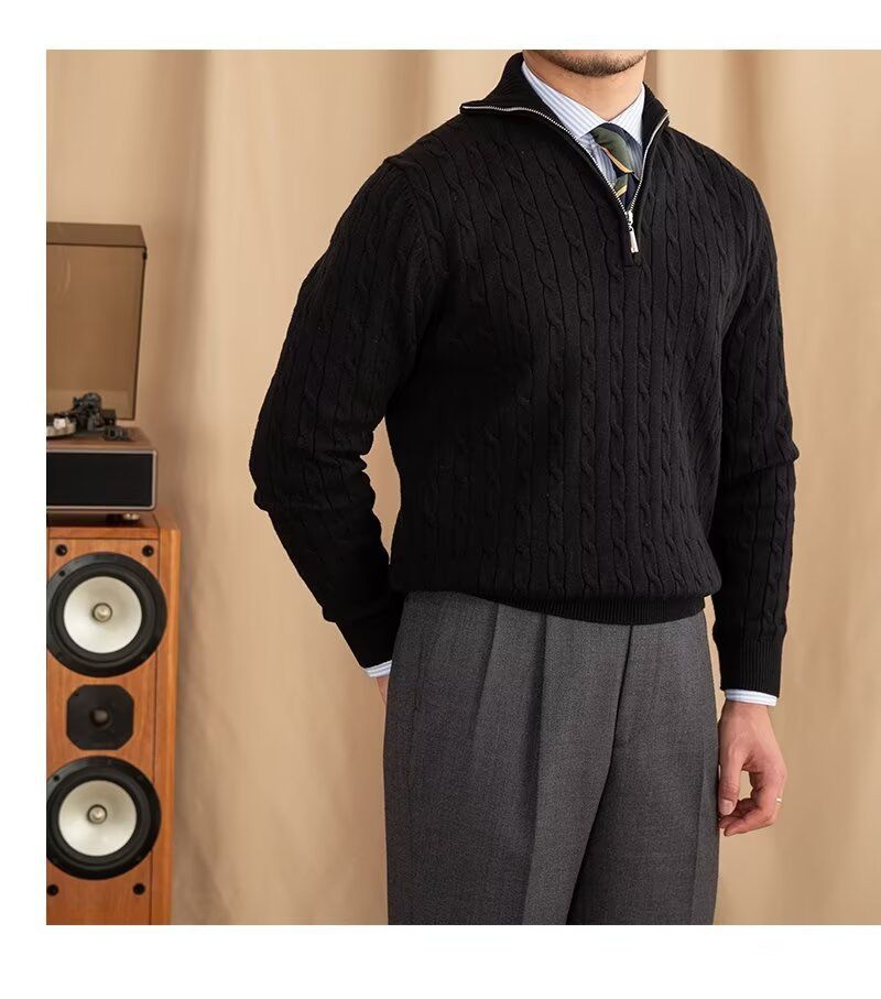 Men's Clothing Cozy Retro Zip-Up Knit Sweater For Men & Women, Soft Pullover With Embroidered Badge, Loose Fit Casual Wear, Black/White, Sizes M-3XL_voghion.com