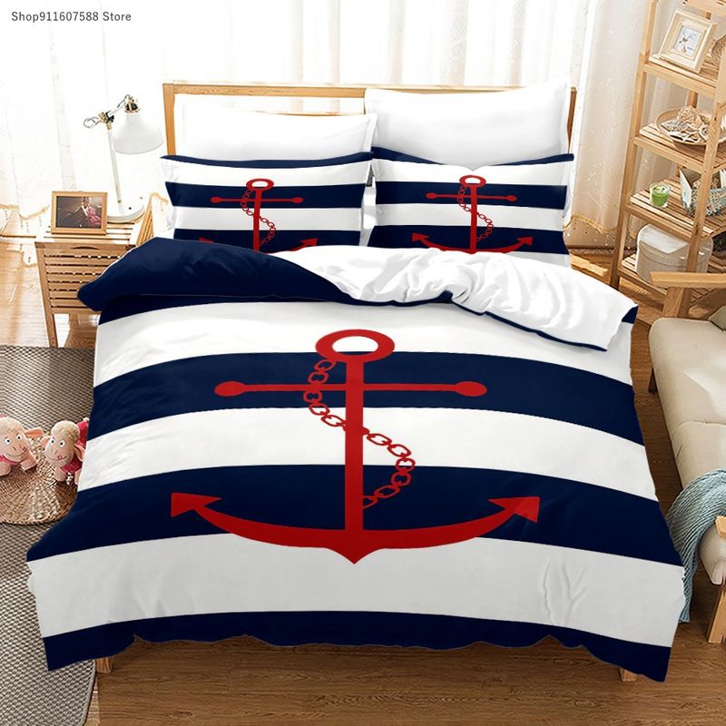 Anker und weiße Streifen 3D gedruckt Marineblau Quilt dreiteiliges Bettwäsche-Set individuell_voghion.com