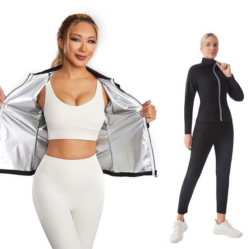 Tuta da sauna a maniche lunghe con collo alto per fitness, corsa, yoga e perdita di peso, traspirante e traspirante, con cerniera_voghion.com