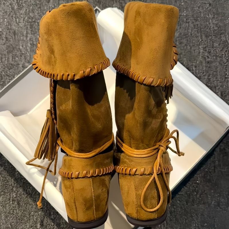 2025 Autumn Winter Bohemian Style Western Cowboy Mid-Calf Slimming Lace-Up Foldable Slouch Women's Boxing Boots_voghion.com