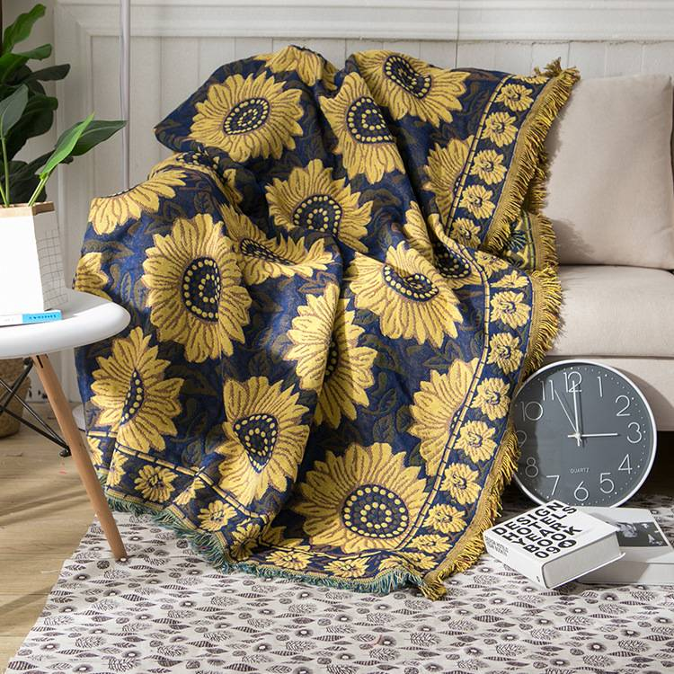 European Style Blue Sunflower Cotton Knitted Nap Sofa Office Blanket Wholesale Three Layer Thickened Pastoral Style Blanket_voghion.com