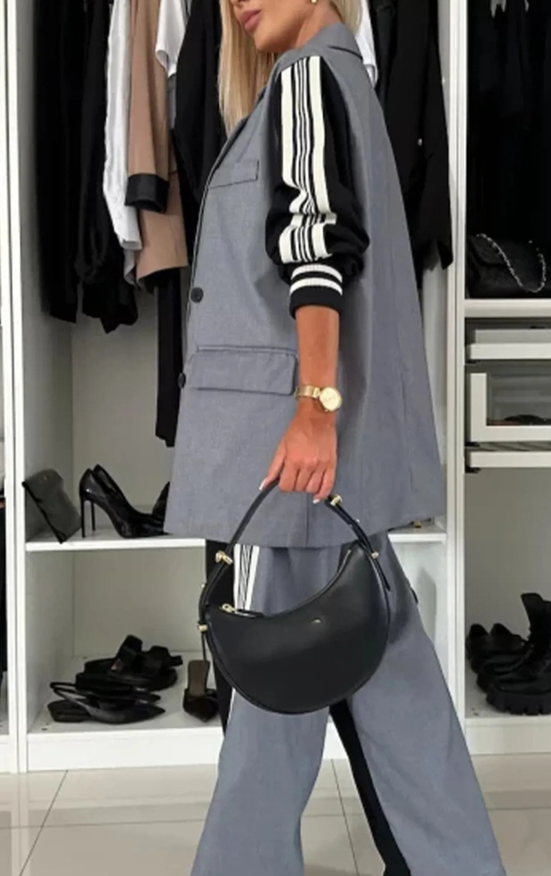 Vêtements pour femmes automne et hiver nouveaux costumes à manches longues à double boutonnage avec épissage et pantalon ample rayé costume deux pièces_voghion.com