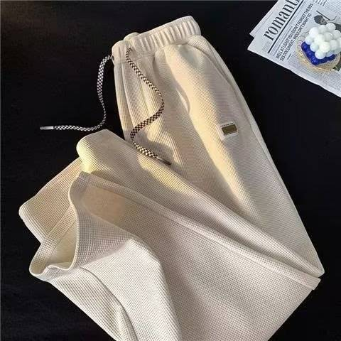 Men's Clothing Waffle Plus Velvet Sports Pants Loose High Street Straight Wide Leg Label Casual Pants_voghion.com