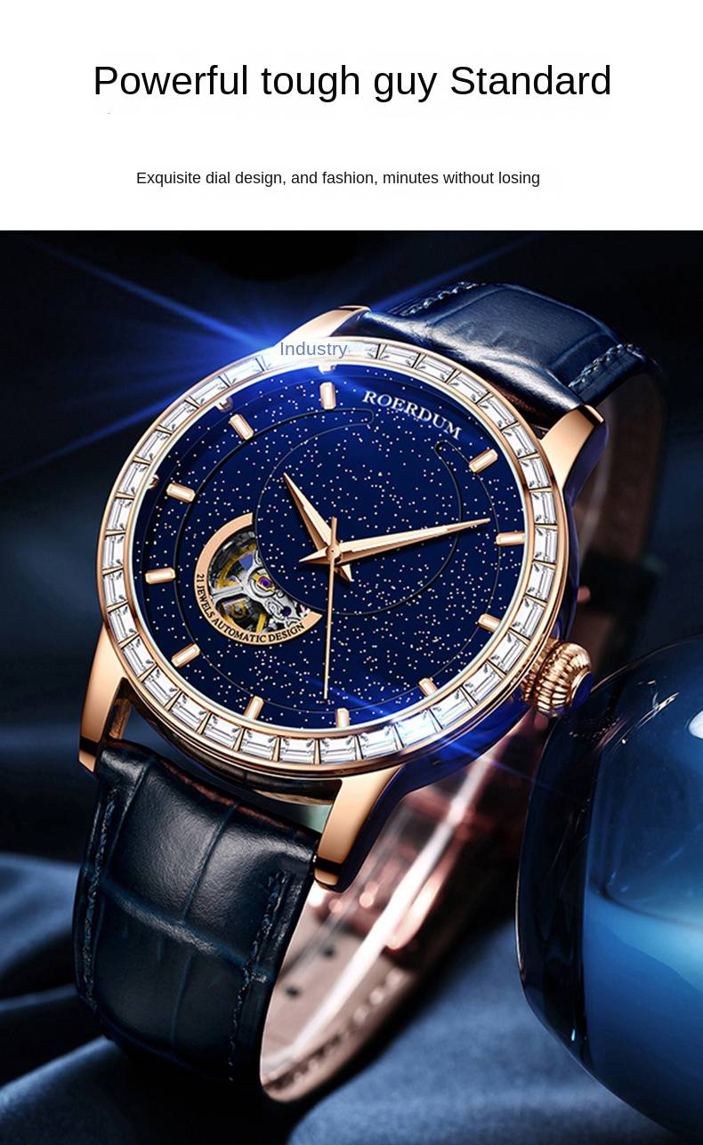Infinite Universe Series - Blaues leuchtendes wasserdichtes Zifferblatt, echtes Lederarmband, lässige mechanische Herrenuhr_voghion.com
