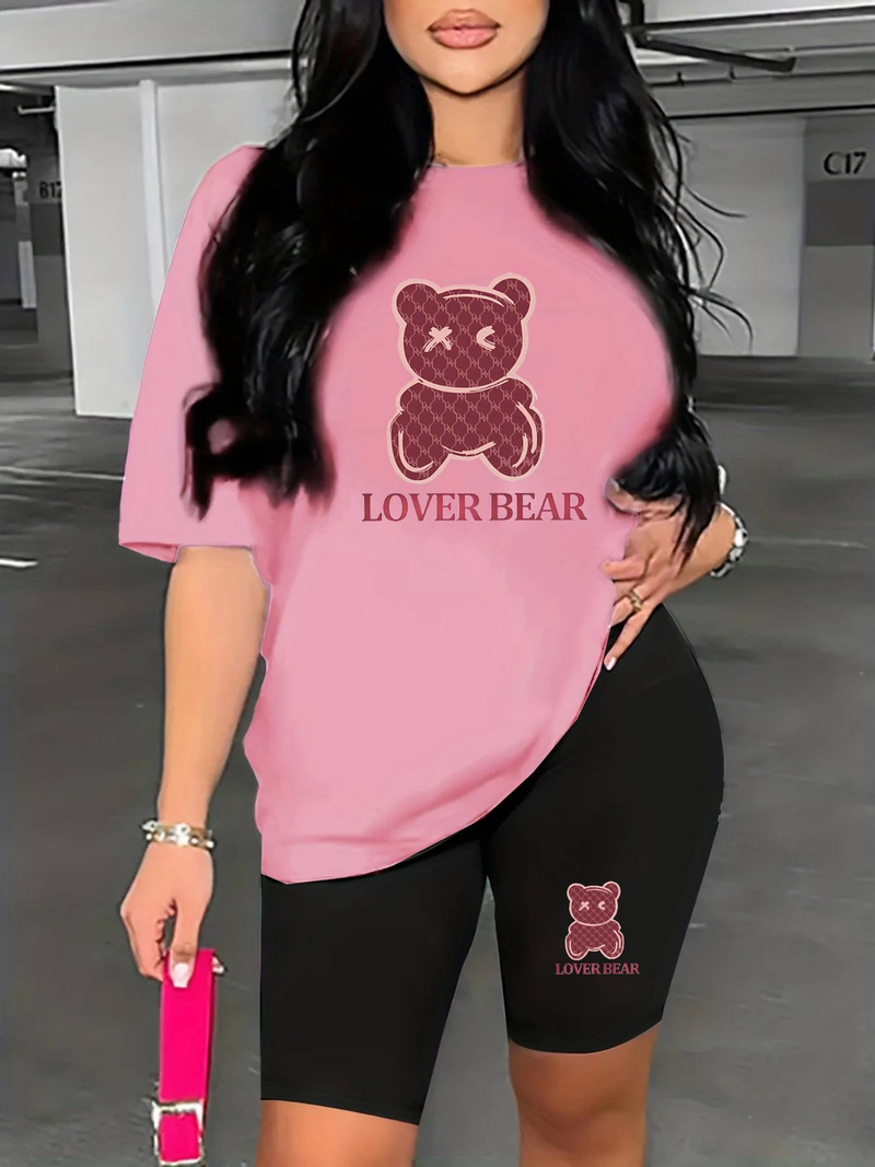 Women’s 2 Piece Outfit Set – Oversized Graphic T-Shirt And Biker Shorts Matching Set, Casual Summer Lounge Tracksuit For Daily Wear_voghion.com