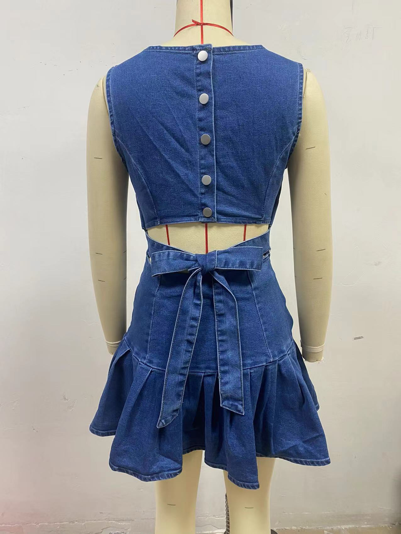 Abito in denim senza maniche con vita plissettata, alla moda e sexy_voghion.com