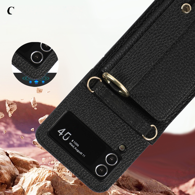 Suitable For Samsung Z Flip5 Folding Crossbody Mobile Phone Case Z Flip4 Card Slot Protective Cover Wrist Strap Bracket Leather Case_voghion.com