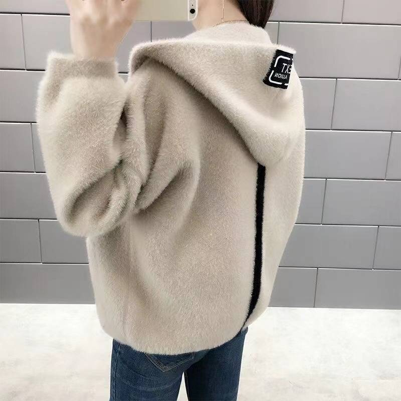 Cárdigan polar con capucha para mujer: suave y acogedor, de manga larga y abertura frontal, para primavera/otoño (blanco, negro, beige)_voghion.com