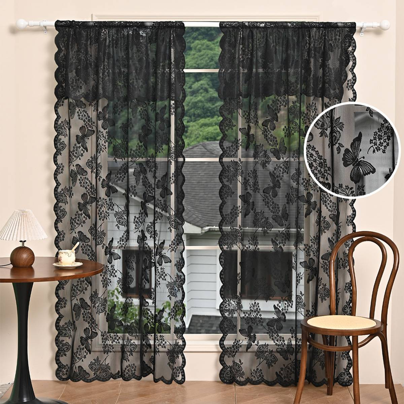 Moderne bestickte Voile-Vorhänge mit Stangentaschen – halbtransparente Fensterbehandlung für Wohnzimmer und Schlafzimmer (Weiß/Schwarz, 100 x 200 cm/183 x 183 cm)_voghion.com