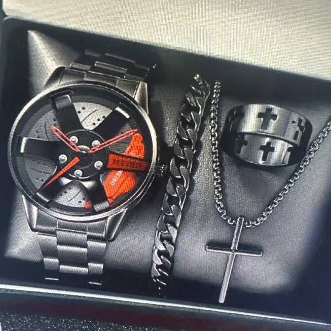 Watches Elegant Men's Business Watch Set With Faux Three-Eye Calendar, Roman Numerals & Matching Cross Necklace, Bracelet & Ring_voghion.com