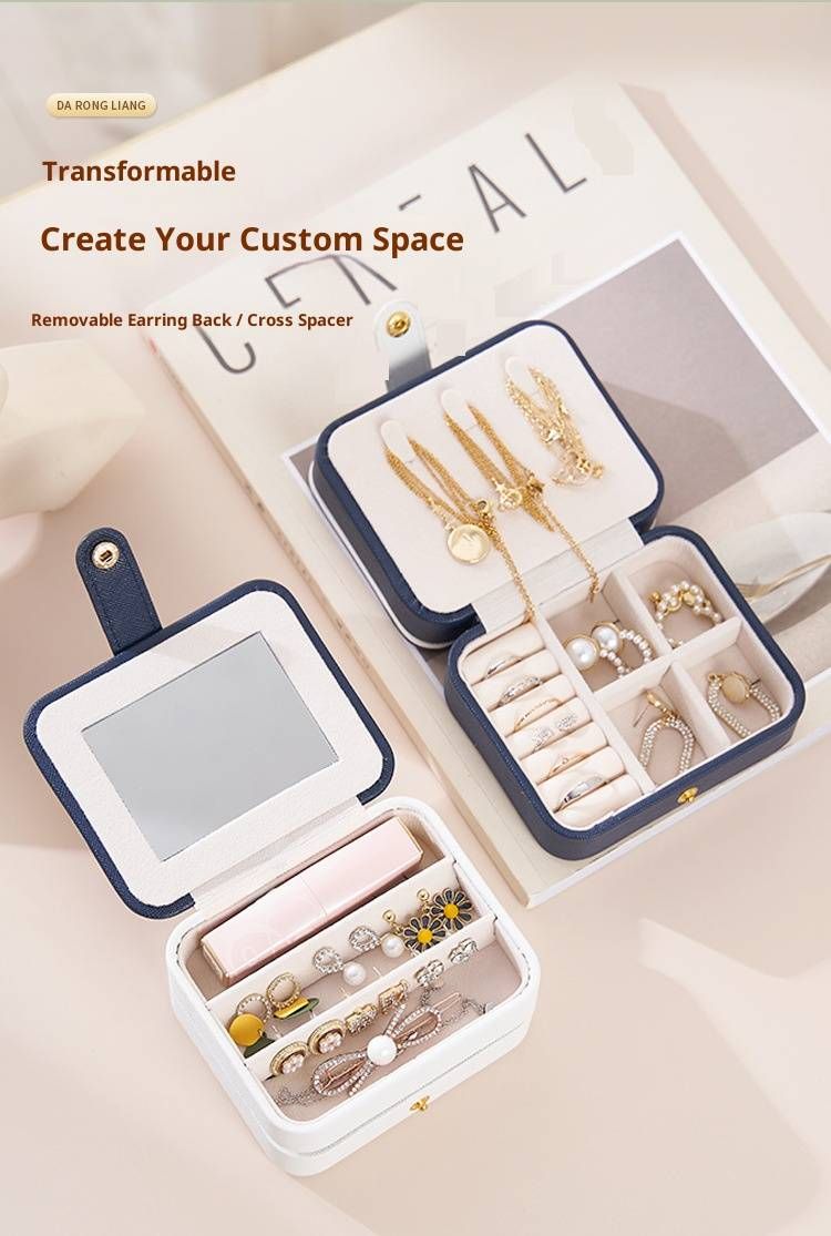 3-Layer PU Leather Jewelry Organizer Box With Mirror – Travel-Friendly Storage Case For Earrings, Rings, Necklaces (White/Pink/Green/Blue)_voghion.com