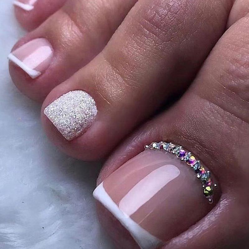 Beauty Health Simple French Style Explosive Flash Full Nail Drill Foot Nail Art Patch Summer New Product Bright Wearable Patch_voghion.com