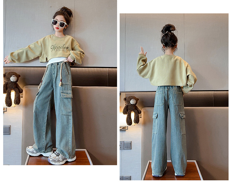 Set di jeans cargo con cappuccio alla moda da ragazza in tre pezzi autunnale da ragazza_voghion.com