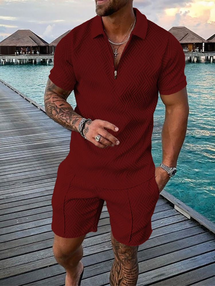 Lässiges bedrucktes Kurzarm-Poloshirt-Set für Herren, Sportbekleidung, bequem, atmungsaktiv, Reißverschluss am Hals, T-Shirt und Poloshirt_voghion.com